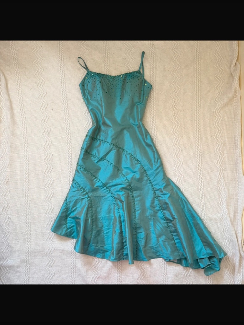 Turquoise Teal Asymmetrical Dress with Green Beaded Accents